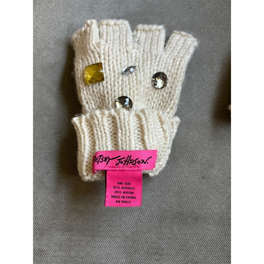 Betsey Johnson Ivory Knit Fingerless Gloves Rhinestone Embellished Gem‎ Cream OS